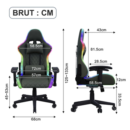 Rosahqnda LED gaming chair with ergonomically adjustable backrest, PU leather office chair, lumbar support cushion & pillow