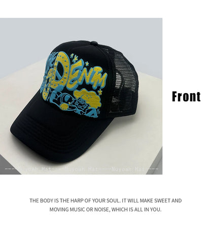 Unisex, interessant, 3D-printet bogstav, baseballkasketter, solskærm, tegneserie, åndbar, farveblok, trucker-kasketter, mesh, alsidig inderside