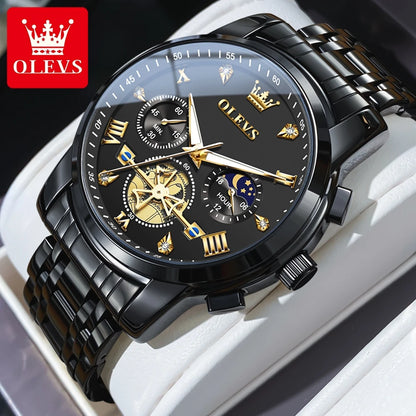 OLEVS Men's Watches Classic Multifunctional Flywheel Chronograph Original Quartz Wristwatch Moon Phase 24 Hour Waterproof Watch