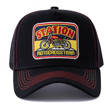 Unisex-mesh-trucker-kasket med klassisk motorcykelmønster, åndbar sommer-baseballkasket, streetwear-kasket til mænd og kvinder