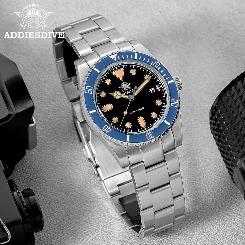 ADDIESDIVE Men's Gift Box Luxury Diver Watch Super Luminous Bubble Mirror Glass Quartz Watch 20Bar Ceramic Bezel Steel Watch