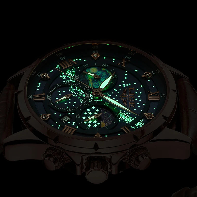 Relógio para homem LIGE – Relógio de quartzo de luxo, estilo descontraído, bracelete em pele, ideal para o trabalho ou para a prática desportiva, resistente à água, com data e cronógrafo.