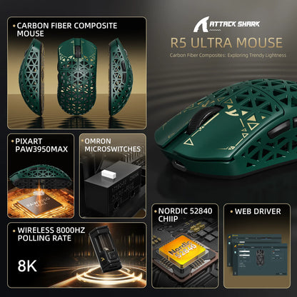 ATTACK SHARK R5 Ultra Carbon Fiber Wireless Gaming Mouse, PixArt PAW3950MAX Gaming Sensor, 42000DPI, 8000Hz, MCU Nordic 52840