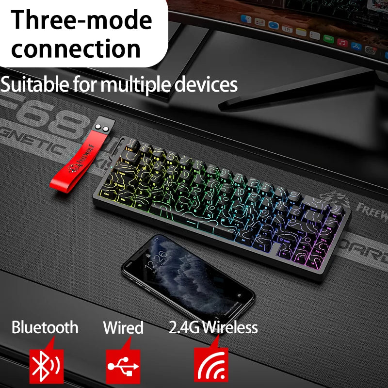 FREEWOLF F68 F68Pro Gaming Keyboard Magnetic Switch 3-Mode Wireless Bluetooth Wired, 8K/1K Polling RGB Hot-Swap RT VALORANT FPS