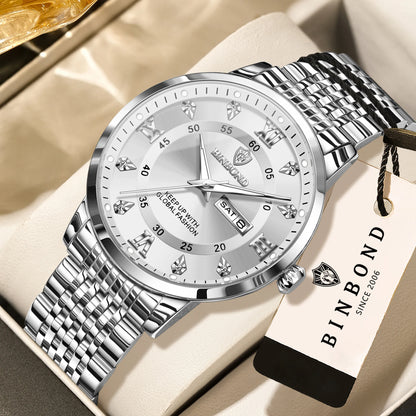 Relógio de pulso de luxo BINBOND com movimento de quartzo para homem – Impermeável, luminoso, com indicação do dia da semana – Estilo empresarial, desportivo, moderno e casual