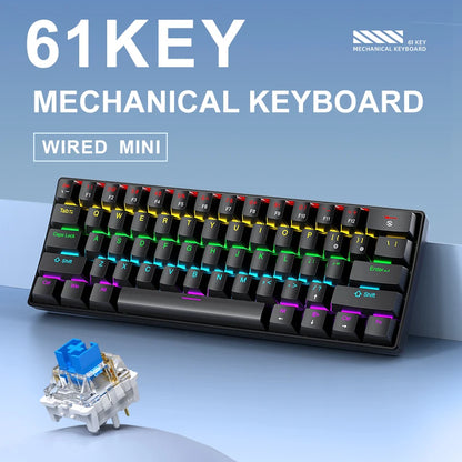 APAYADO K61 Mini 60% Gaming Keyboard 61-Key, Wired, Portable, RGB Lighting, Red/Blue Switch, Black/White/Red Colors