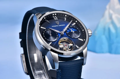 PAGANI DESIGN – Montre mécanique de luxe pour homme, 41 mm, verre saphir, bracelet en cuir, étanche, style pilote, avec tourbillon et phase de lune