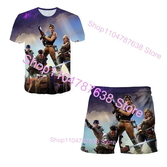 2-teiliges Set F-Fortnited Victory 3D-T-Shirt und Shorts für Kinder, Oberteile für Mädchen und Jungen, Battle-Royale-Kleidung, Harajuku-Tees, Hero-Kinder-T-Shirt