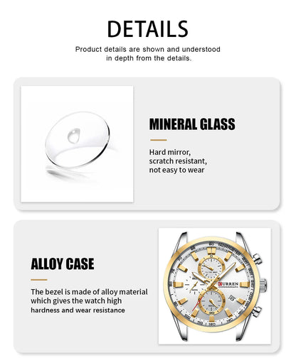CURREN Quartz Chrono Sport Watch Brands for Men - Stainless Steel Bracelet and Multifunctional Dial