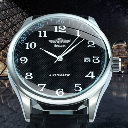 WINNER herreur – Klassisk, retro og elegant stil – Mekanisk automatisk ur med kalender – Luksusmærke, stålurkasse og læderrem