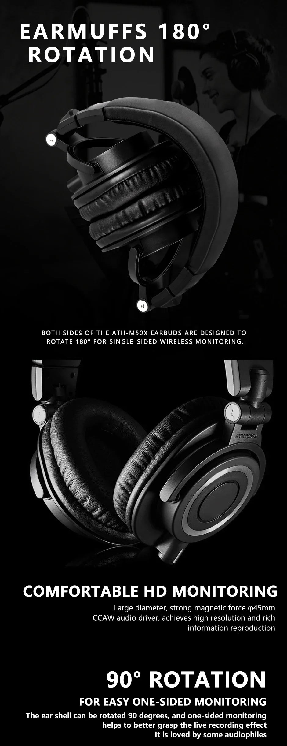Sanpusen ATH M50X Over-Ear Wired Headphones Professional Monitor Studio Recording Mixing Monitoring HiFi Sound