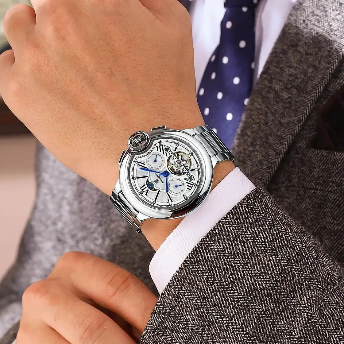 POEDAGAR herreur i luksuriøs og professionel stil med dato- og ugedagsvisning, tourbillon, rustfrit stålhus, mekanisk automatisk urværk og vandtæthed.