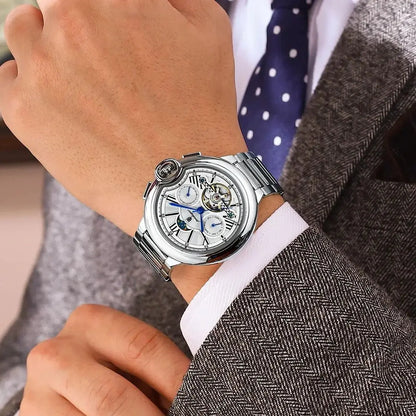POEDAGAR herreur i luksuriøs og professionel stil med dato- og ugedagsvisning, tourbillon, rustfrit stålhus, mekanisk automatisk urværk og vandtæthed.