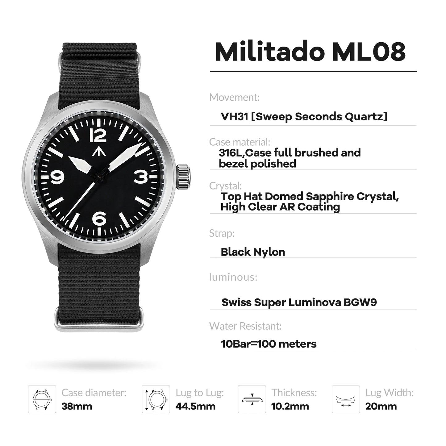 Militado ML08 Quartz Watch Ronda 515/VH31 Movement Domed Sapphire Wristwatch BGW9 Luminous 10Bar Waterproof 38mm Vintage Watches