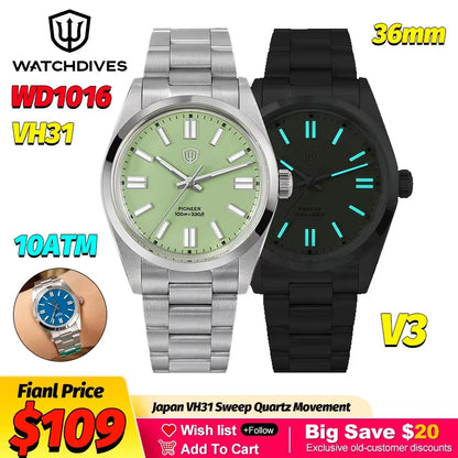 Watchdives WD1016 V3 36Mm Vintage Watch VH31 Sweep Quartz Watches Man Enamel Blue K1 Bubble Mirror Sapphire Lumes 10Atm Relojes