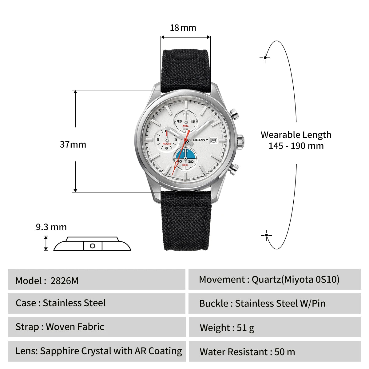 BERNY Top Quartz Chronograph Men's Watches Luminous Miyota 0S10 Sapphire AR Coated 5ATM Waterproof 2026 New Sports Men's Watches