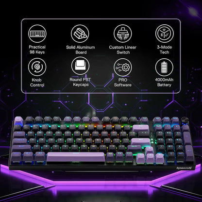 Redragon K740 PRO 98 Keys Wireless RGB Gaming Keyboard, 3-Mode PBT Mechanical Keyboard w/Solid Aluminum Base,