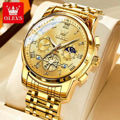 Relógio de homem OLEVS 2859 – Modelo clássico e luxuoso com algarismos romanos, multifunções, resistente à água, mostrador luminescente, movimento de quartzo de alta qualidade.
