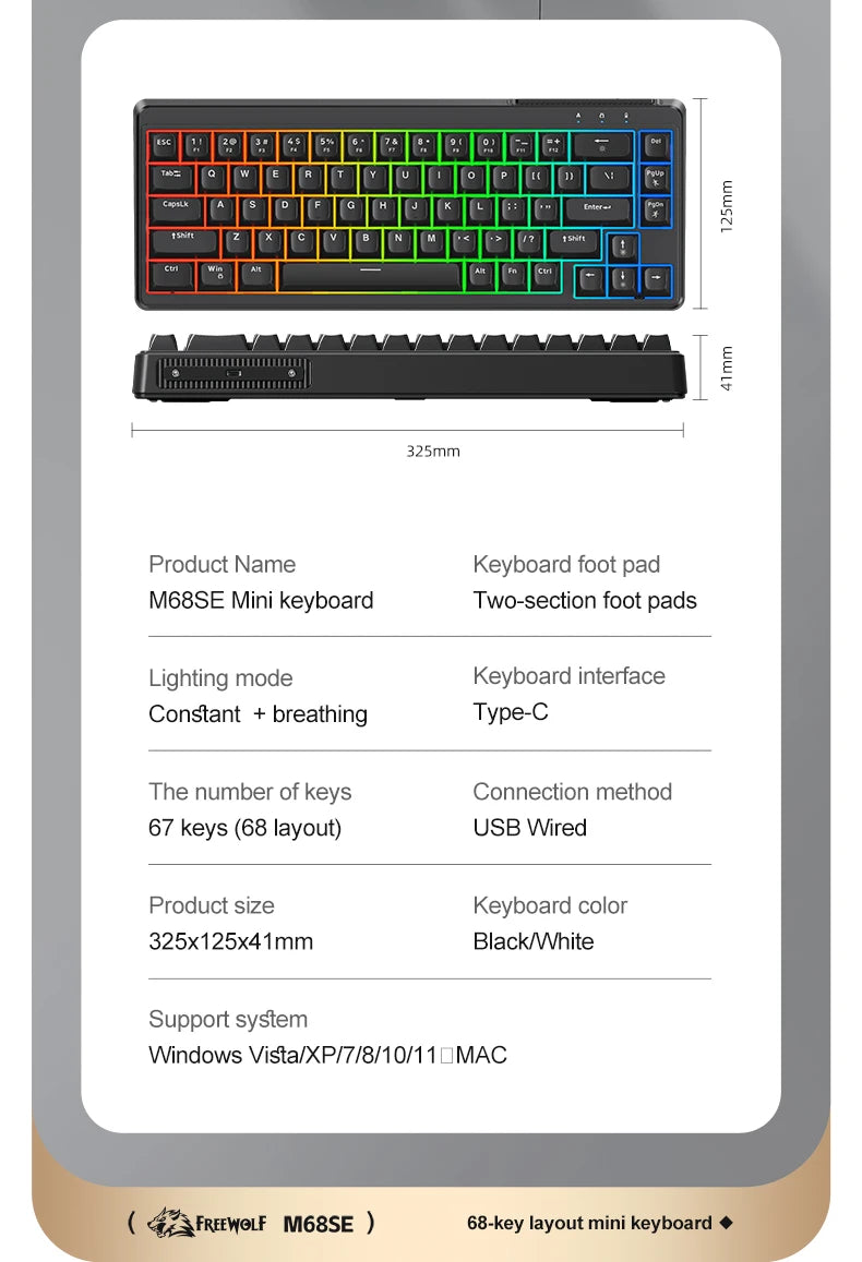 FREEWOLF M68SE 68% Mini Wired Keyboard RGB Backlit Silent Mechanical Feel Type-C Detachable Cable for PC Mac