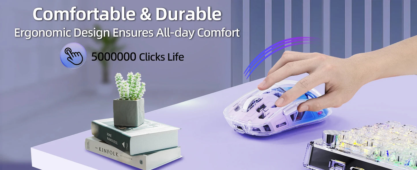A2 Transparent Wireless Gaming Mouse, BT 5.0/2.4G PC Rechargeable RGB Mice with Digital Screen,PixArt 3212, 5 Adjustable DPI