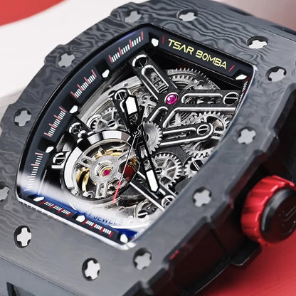 TSAR BOMBA Carbon Fiber Automatic Mechanical Watch for Men Waterproof Skeleton Mens Watches Top Brand Luxury Wristwatches