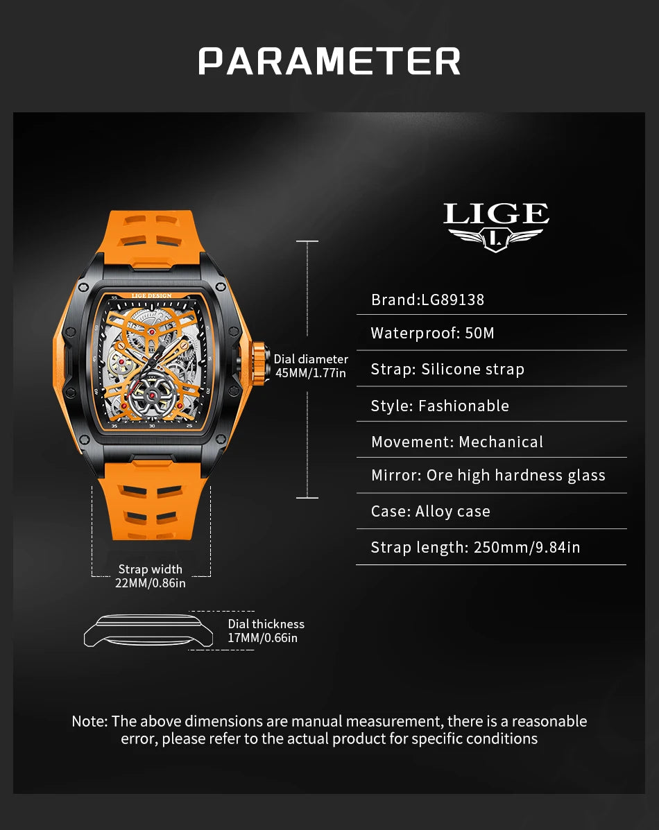 LIGE New Watches Mens Skeleton Mechanical Automatic Watch Top Brand Luxury Luminous 30M Waterproof Watch For Men reloj hombre