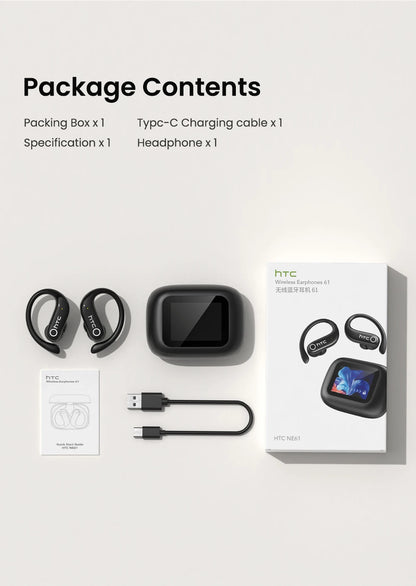 HTC NE61 Bluetooth Earphones Noise Reduction Sports Wireless Headphones AI Translator Heart Rate Monitor Earbuds