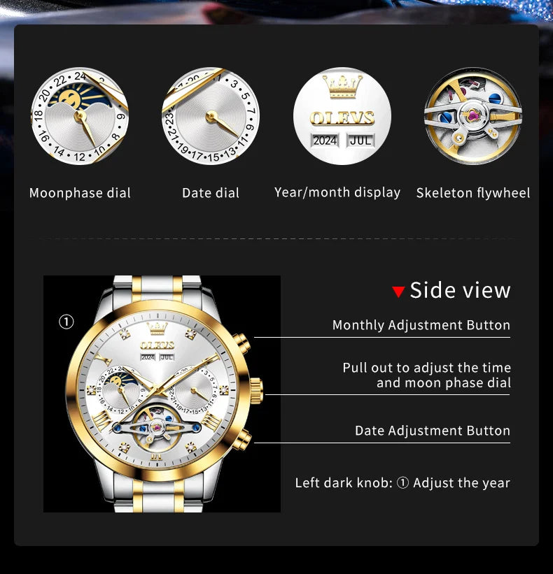 OLEVS Men's Watches Moon Phase Hollow Flywheel Exclusive Original Automatic Mechanical Watches For Men Luxury Man Watch New 7029