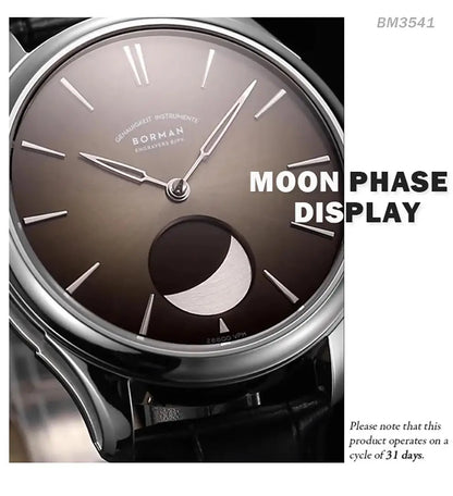 BORMAN 41.5mm 5ATM Waterproof Mechanical Watches Moon Phase Luxury Designer Men Dress Automatic Wristwatch