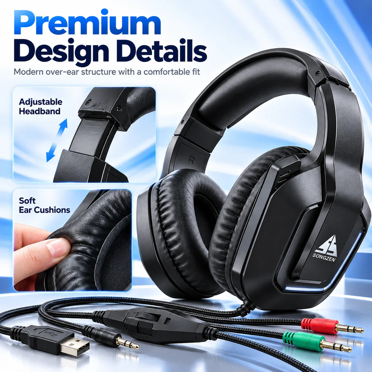 Casque de jeu D3, casque stéréo filaire à porter sur l’oreille, confortable, sans microphone, pour PC, ordinateur portable, écoute de musique et jeux.