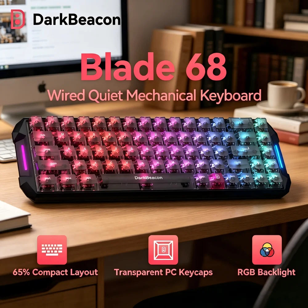 DarkBeacon Blade 68 RGB Silent Mechanical Gaming Keyboard Hot Swappable Wired N-Key Rollover 65% Compact Keyboard for PC Gamer