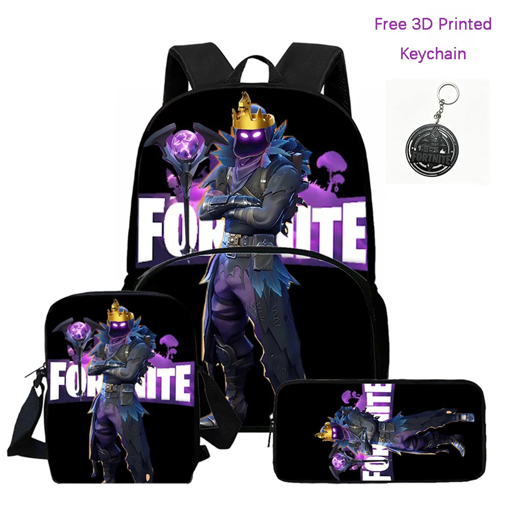 FORTNITE 3-Piece Lightweight Backpack Set with Front Pocket, Crossbody Bag & Pencil Case for Ages 5-10 Boys and Girls, Includes Free 3D Printed Keychain