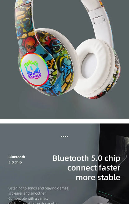 New Graffiti Wireless Overhead Headset with Mic LED Light LX-8686 High Quality TF Card Bluetooth Headphones for PC Gaming Child