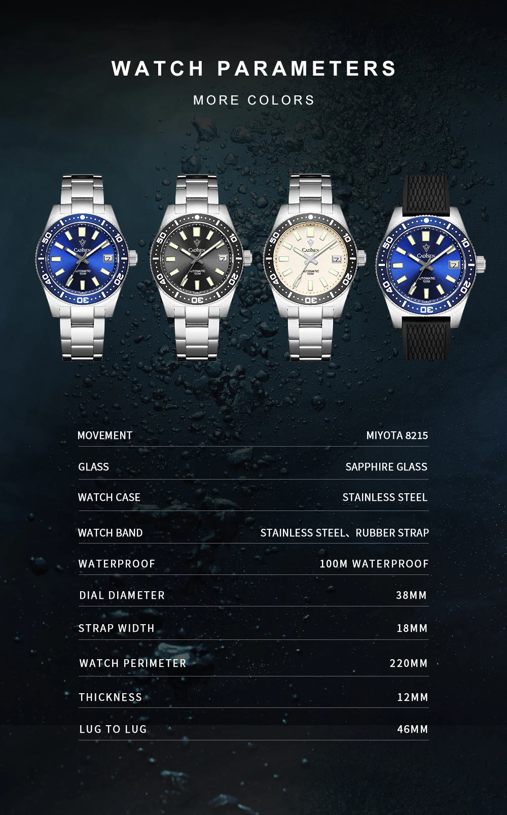 CADISEN New 38mm Diver Mens Watch Japan 8215 Automatic Mechanical Sapphire Glass Date Luminous 100M Waterproof Wrist watch Men