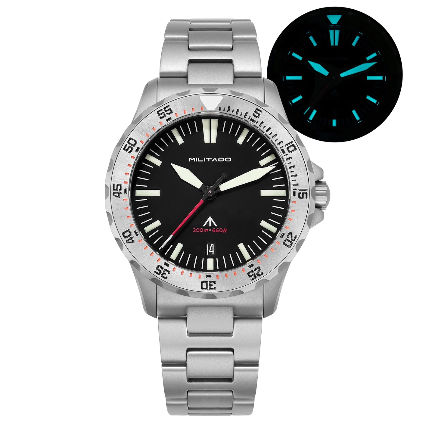 Militado ML16 39mm Quartz Dive Watch Sapphire Crystal 200M Water Resistant Ceramic Bezel BGW9 Lume Screw Down Crown