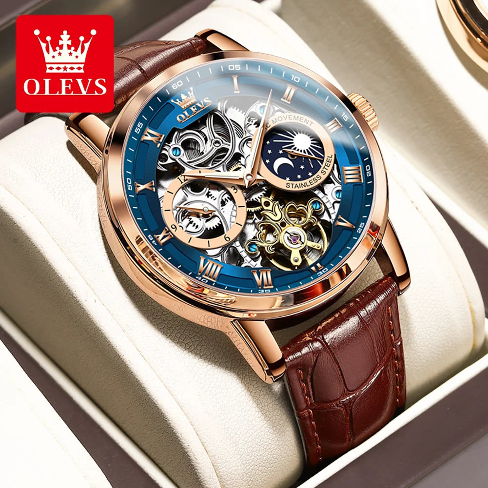 OLEVS Top Brand Men's Skeleton Mechanical Watch, Waterproof Leather Strap, Moon Phase, Automatic Tourbillon Wristwatch