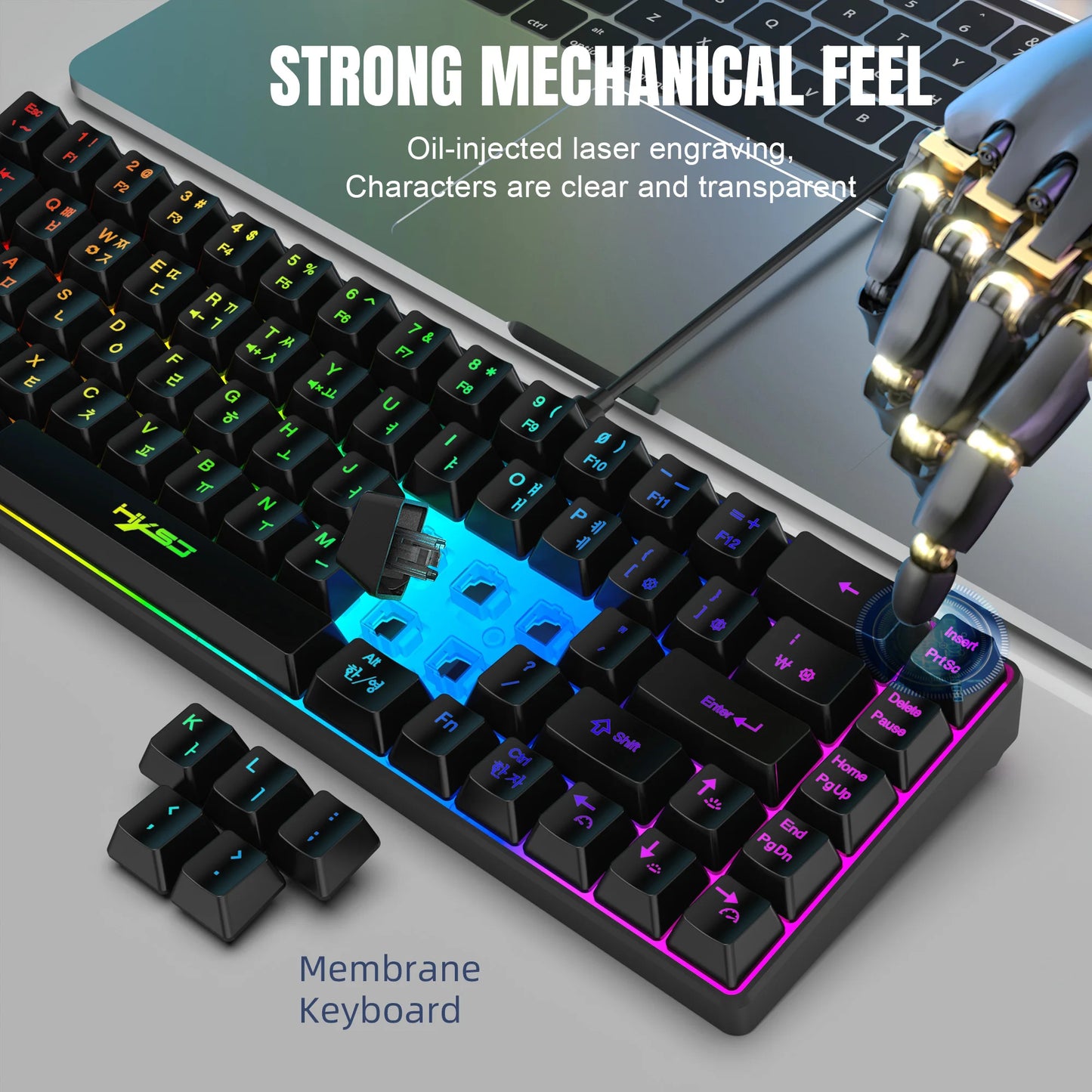 Tragbare HXSJ V200 68-Tasten-Gaming-Tastatur mit koreanischem Layout, 65%, kabelgebundene Office-Membrantastatur mit RGB-Hintergrundbeleuchtung für Desktop-PCs und Laptops