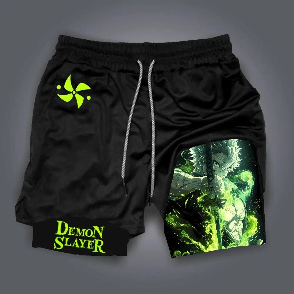 Pantaloncini da palestra da uomo Anime Demon Slayer ad asciugatura rapida, pantaloncini doppio strato 2 in 1, sportswear Y2K estate 2026, streetwear traspirante