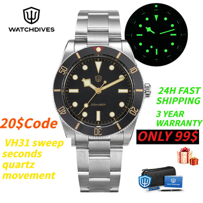 Watchdives WD7922 BB54 Watch VH31 Sweep Second Movement Sapphire Crystal 20bar Waterproof C3 Luminous 37mm Vintage Watches