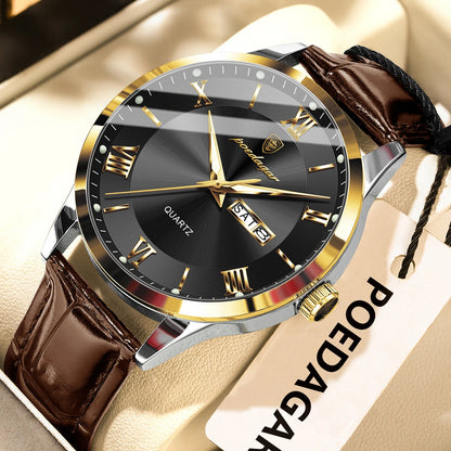 Relógio de homem na moda POEDAGAR, bracelete em pele, data e dia da semana, relógio de quartzo de luxo, estanque, luminoso, estilo business descontraído.