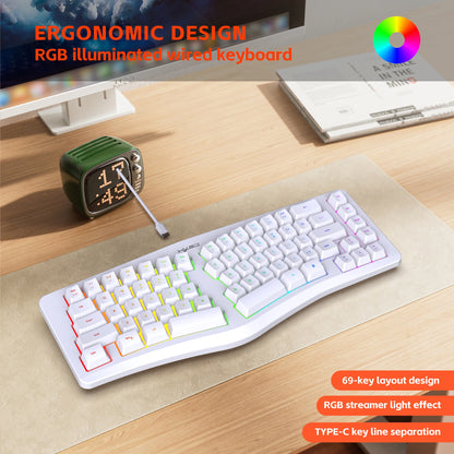 69 Key Wired Ergonomic Gaming Keyboard Keyboard Silent Irregular RGB Backlit Keyboard for Windows Linux Home Office Game PC