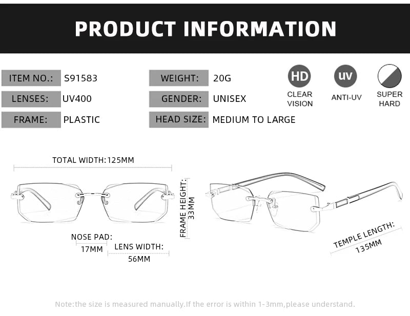 Mode Rimless Solglasögon Män Kvinnor Populära Ramlösa Solglasögon Man Kvinna Klassiska Små Fyrkantiga Sommar Resesolglasögon