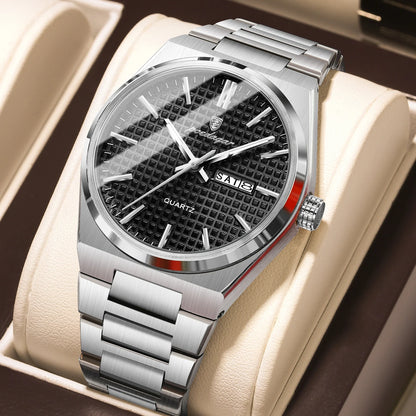 Orologio da polso di lusso da uomo POEDAGAR, impermeabile, luminescente, in acciaio inossidabile, con data e giorno della settimana, al quarzo, stile business.