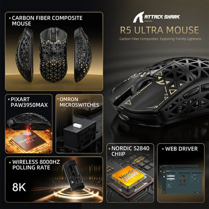 ATTACK SHARK R5 Ultra Carbon Fiber bezdrátová herní myš, herní snímač PixArt PAW3950MAX, 42000DPI, 8000Hz, MCU Nordic 52840