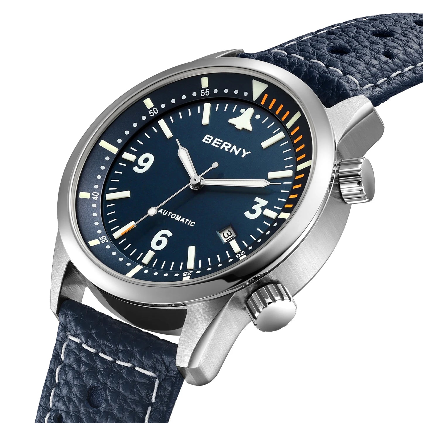 BERNY Men's Automatic Diver Watch Supper Luminous Sapphire AR Coated MlYOTA 8215 Leather Strap Mechanical Diving Watches for Men