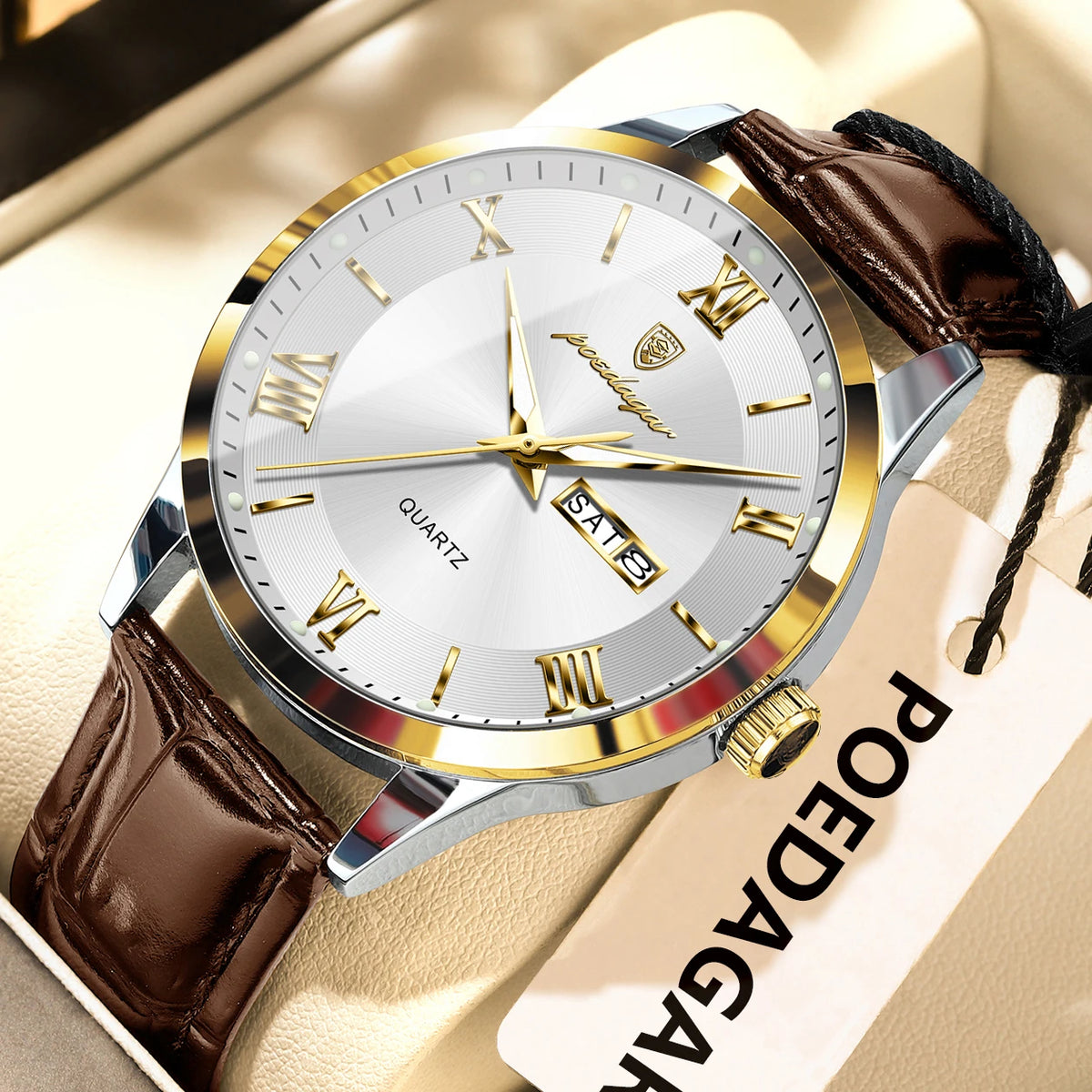 Relógio de homem na moda POEDAGAR, bracelete em pele, data e dia da semana, relógio de quartzo de luxo, estanque, luminoso, estilo business descontraído.