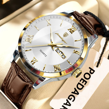 Relógio de homem na moda POEDAGAR, bracelete em pele, data e dia da semana, relógio de quartzo de luxo, estanque, luminoso, estilo business descontraído.