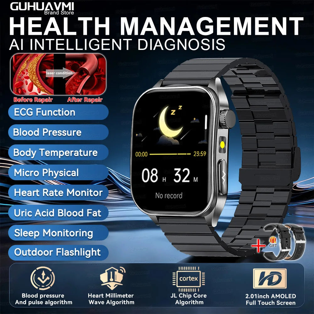 2026 New 650nm Laser Therapy Blood Fat Uric Acid Blood Pressure Smart Watch ECG+PPG Precise Health Monitor Smartwatches For Men