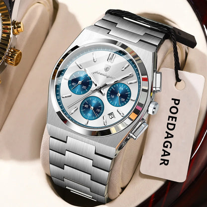 Montre pour homme POEDAGAR – Chronographe de luxe en acier inoxydable, avec date, étanche et luminescente – Montre-bracelet sportive à quartz