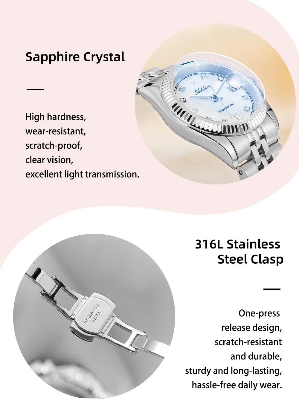 ADDIES New Luxury Women's Watches 28mm Sapphire Glass 50m Waterproof 316L Stainless Steel Business Quartz Wristwatch For Woman